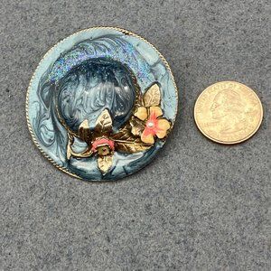 Hat Pin Brooch Silver Enamel Blue Swirl Peach Pearl Retro Vintage Granny Cottage